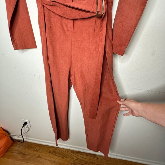 NWT Boohoo Rust Utility Cargo Belted Jumpsuit Tapered Leg Front Safari Pocket 7 - Picture 5 of 16